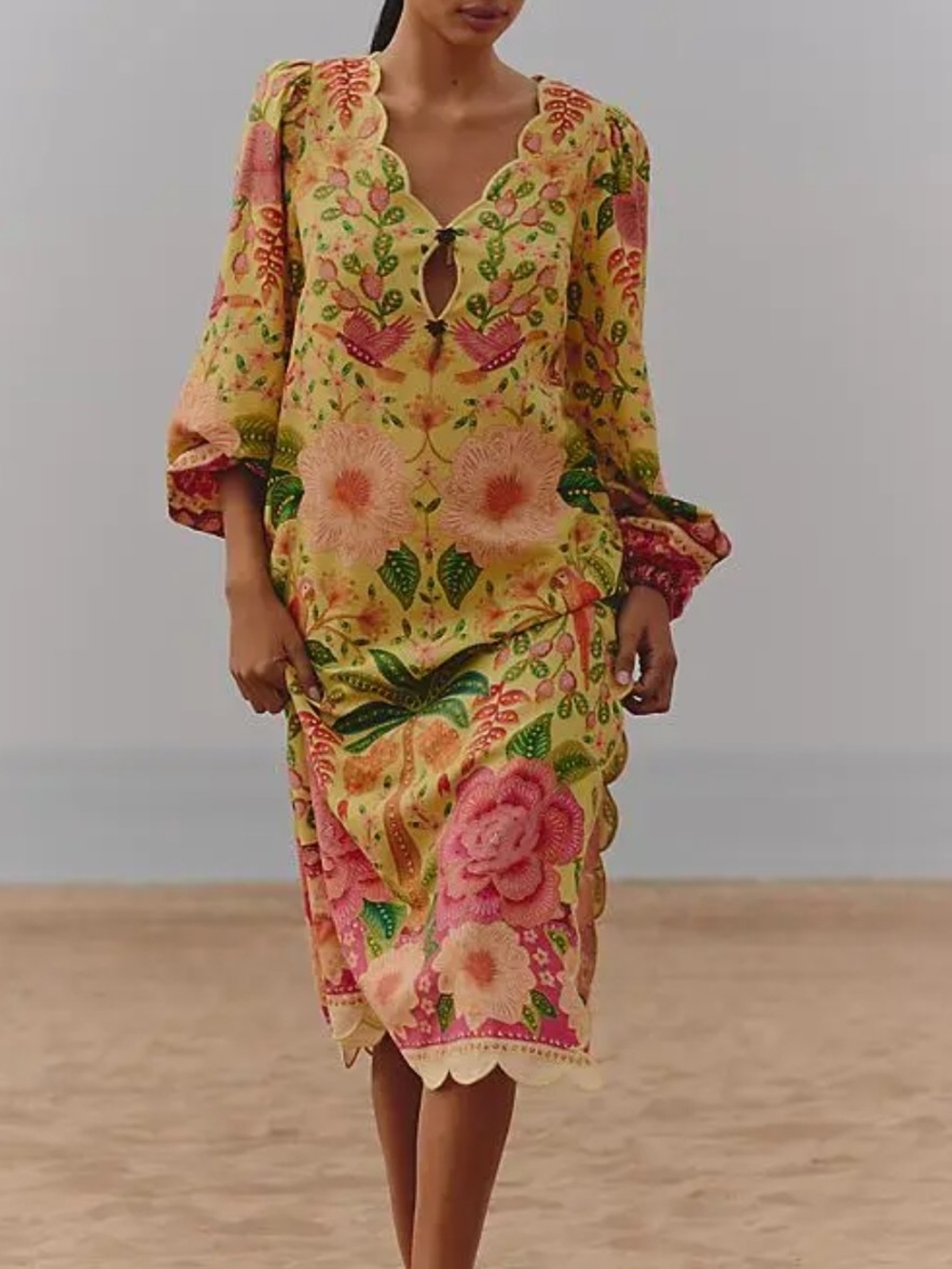 Farm Rio x Anthropologie Long-Sleeve Midi Dress in the "Tropical Summer" print